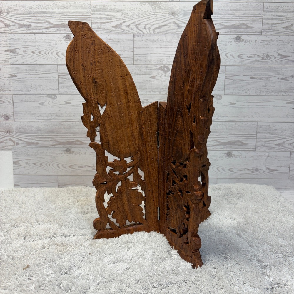 Vintage Hand Carved wooden Folding Plant Stand Boho Rustic 13.5" tall Intricate